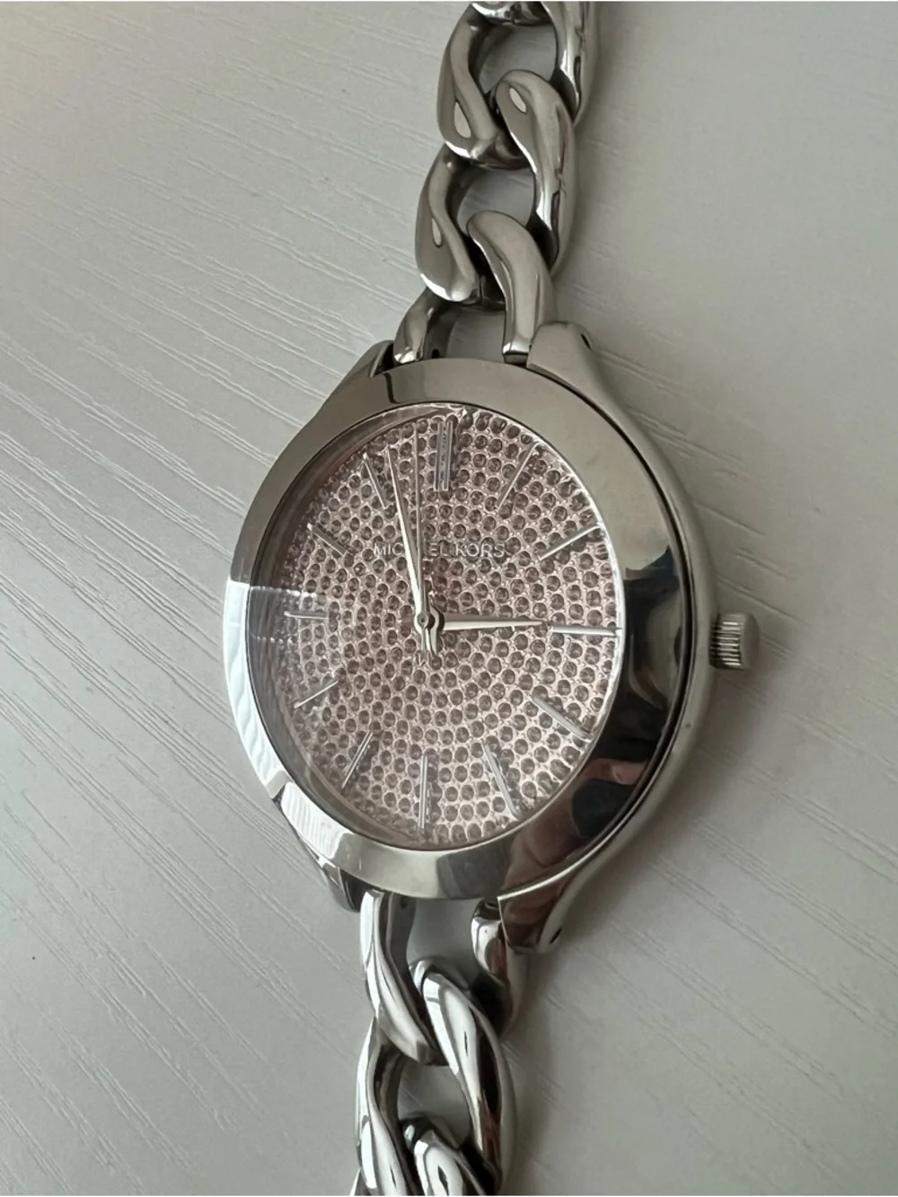 Michael Kors Runway Silver Tone Pink Crystals Pave Dial Chain Watch MK3357